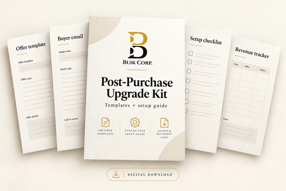 Illustration of Buik Corp digital merchant templates and a setup guide; not a software screenshot