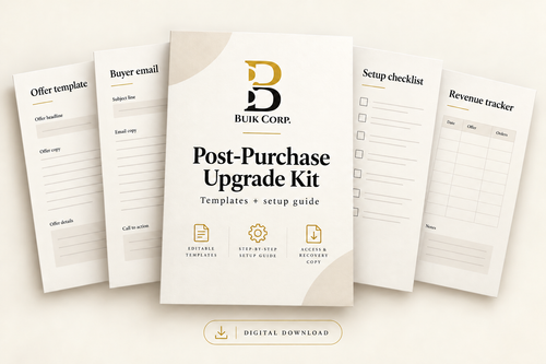 Illustration of Buik Corp digital merchant templates and a setup guide; not a software screenshot